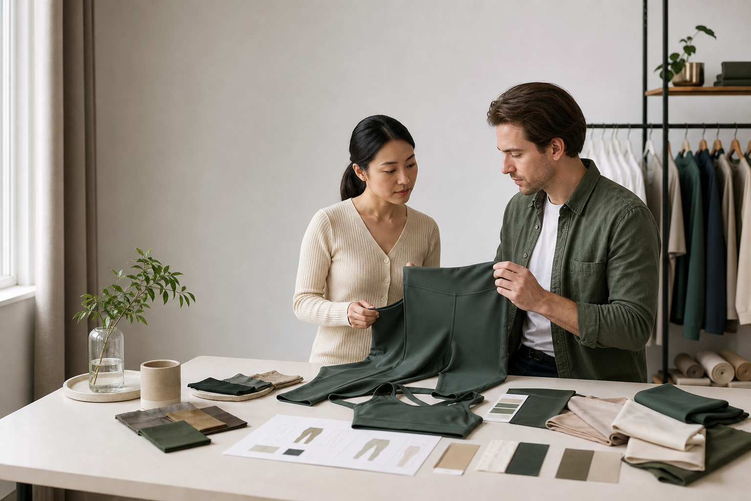 Two apparel professionals reviewing yoga garments and fabric swatches