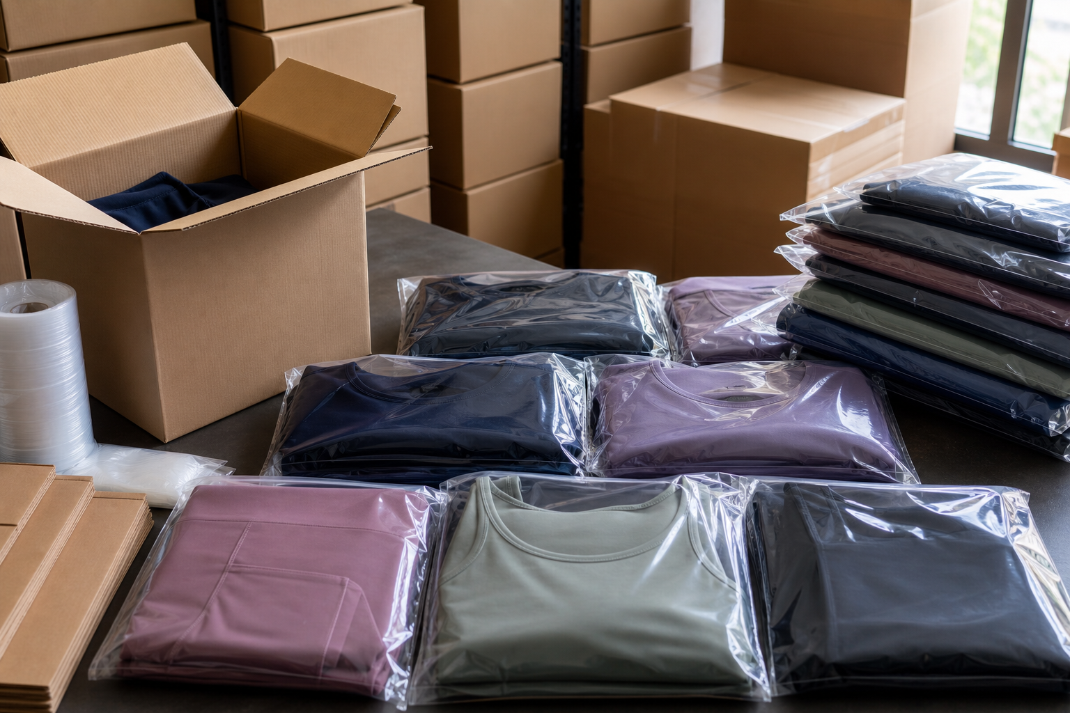 Folded yoga apparel in protective packaging beside an export carton
