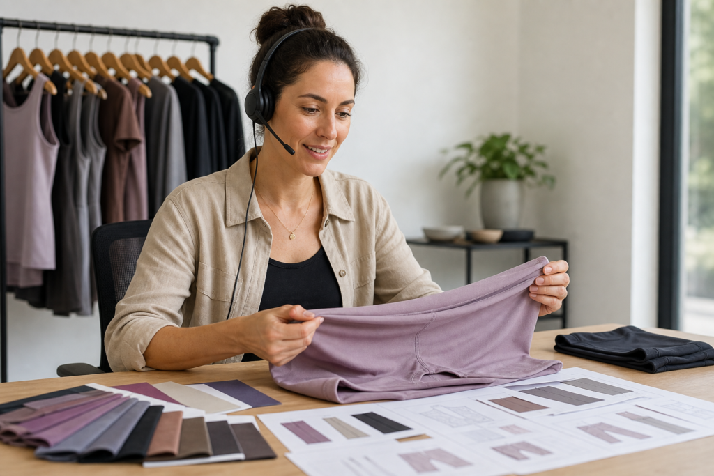 Apparel developer reviewing a yoga garment and fabric swatches