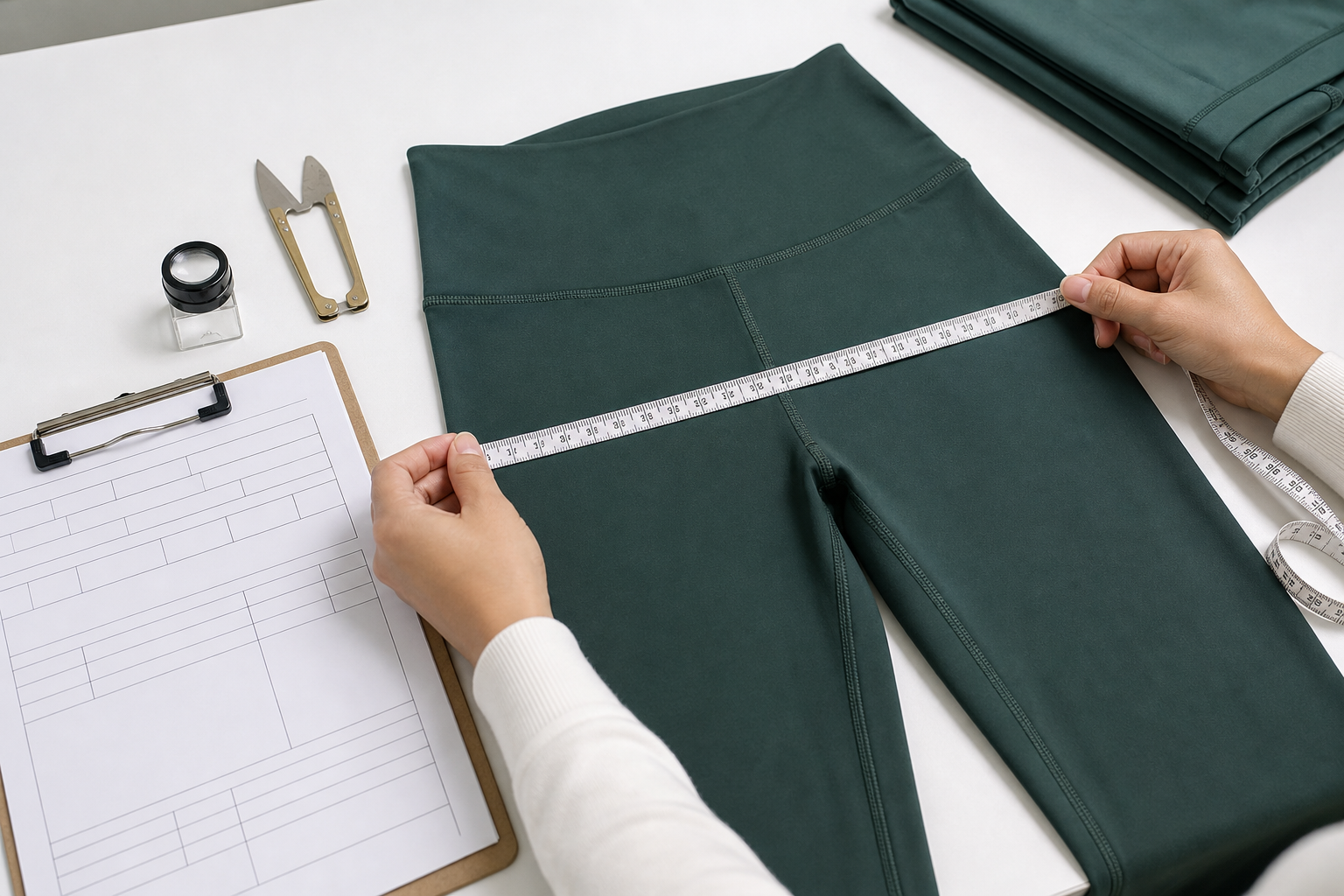 Yoga leggings arranged with measuring tape and seam inspection tools