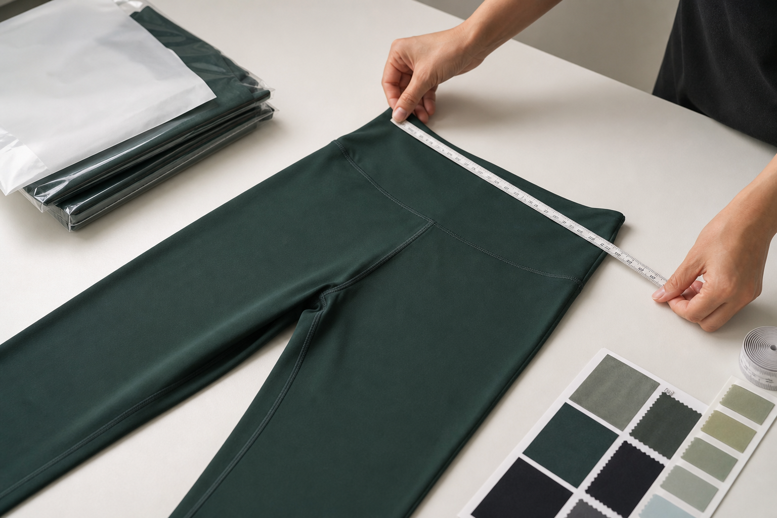 Yoga leggings arranged with measuring tape and colour swatches