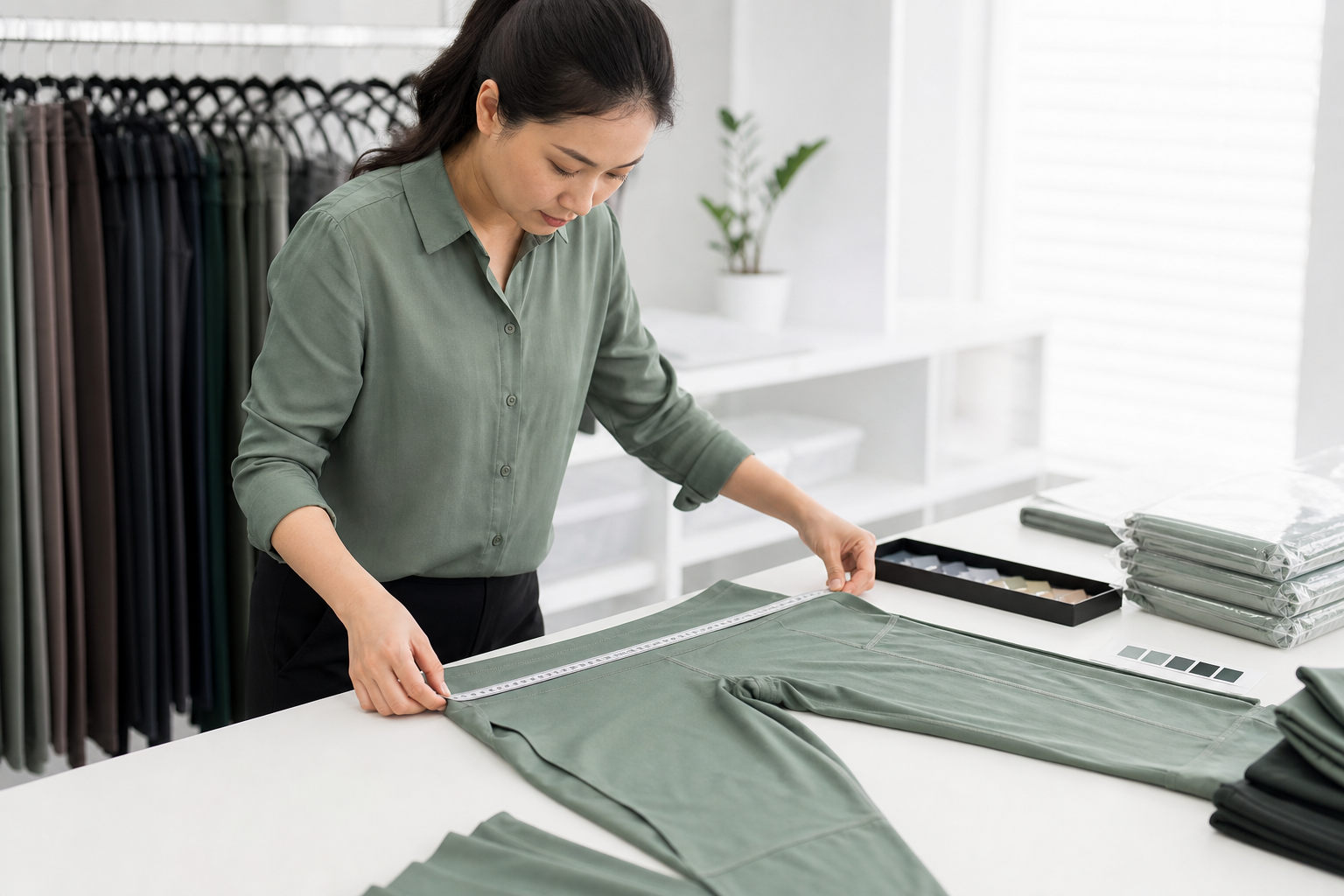 Inspector measuring a finished yoga garment on an inspection table