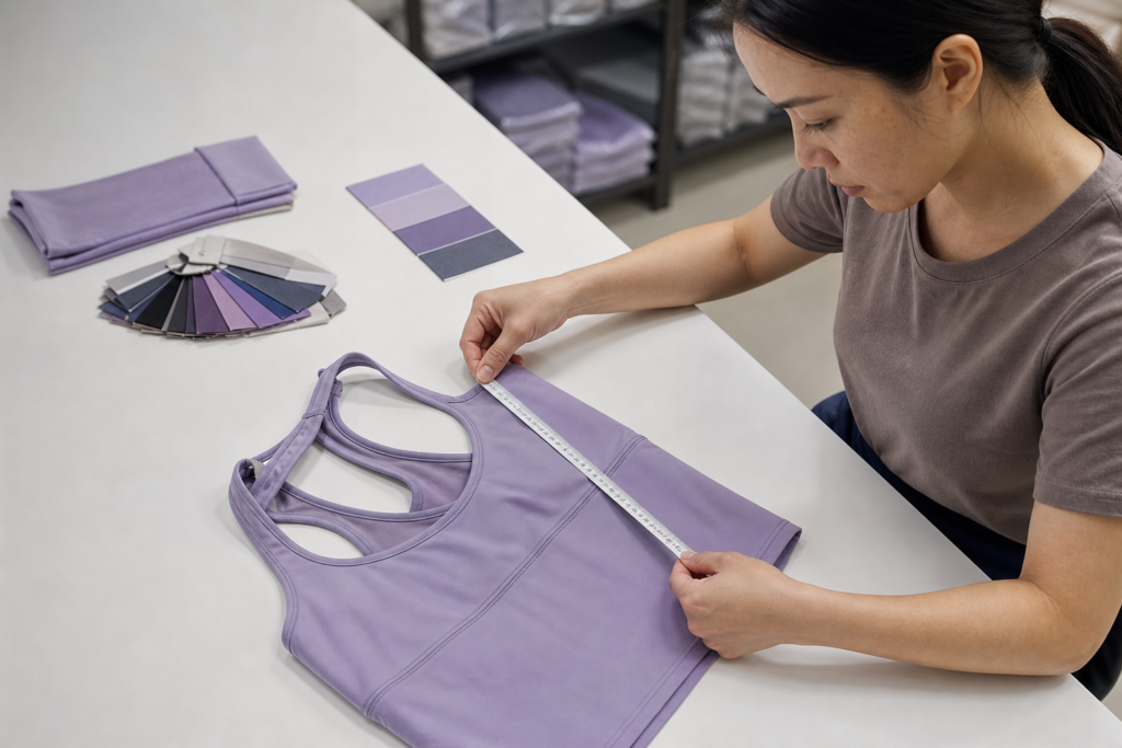 Inspector measuring stitching and construction on a yoga apparel garment