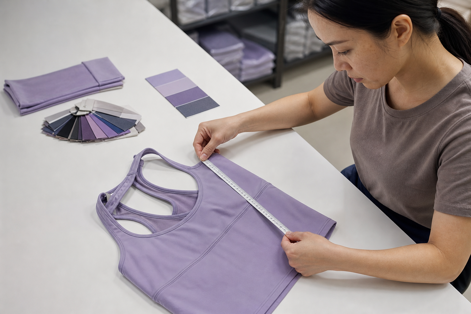 Inspector measuring stitching and construction on a yoga apparel garment