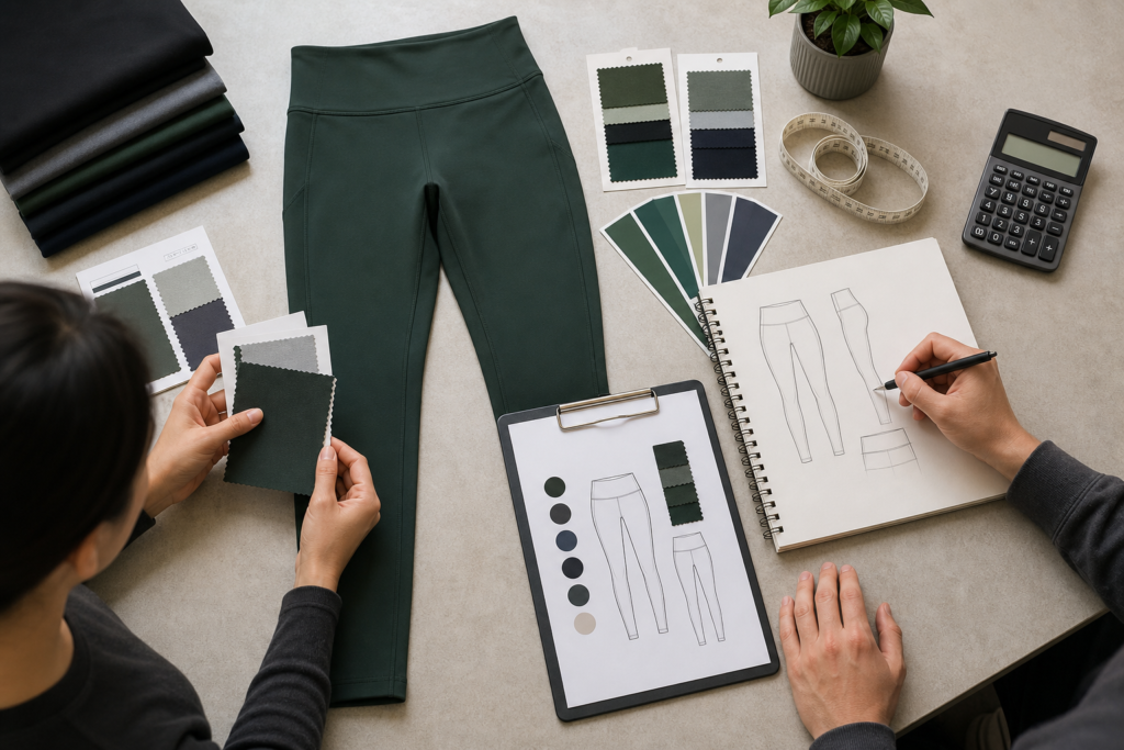 Yoga leggings, fabric swatches and quotation planning documents