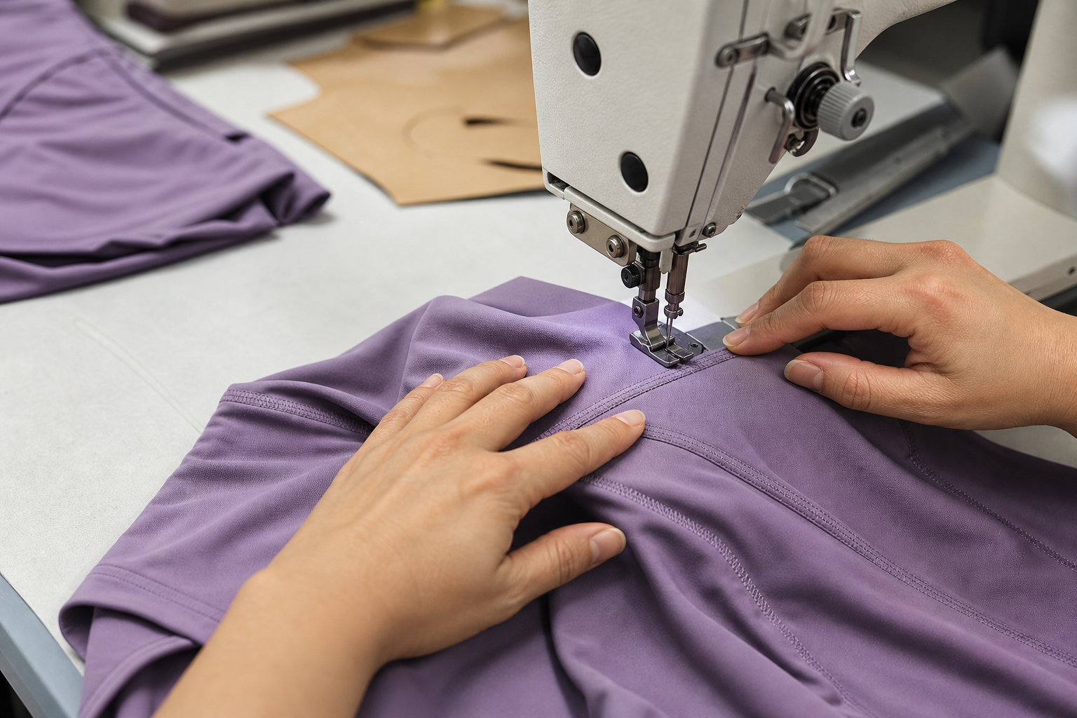 Hands guiding a yoga garment sample through an industrial sewing machine