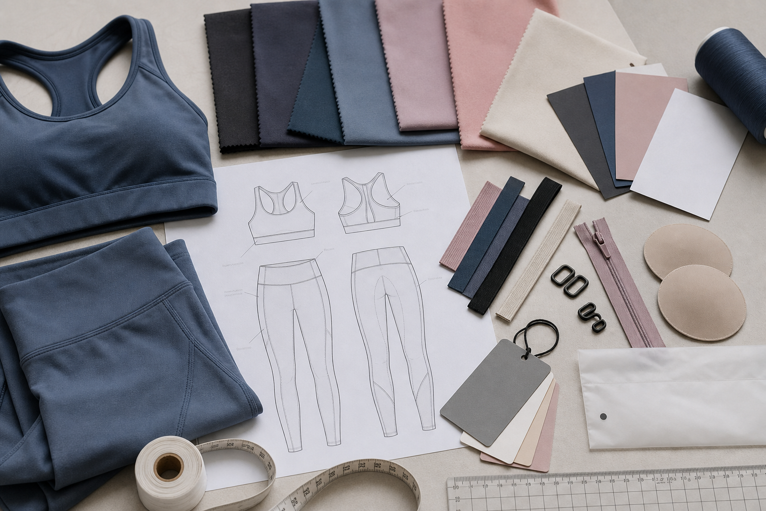 Garment sketch, measuring tools, fabric swatches and trims for sample planning
