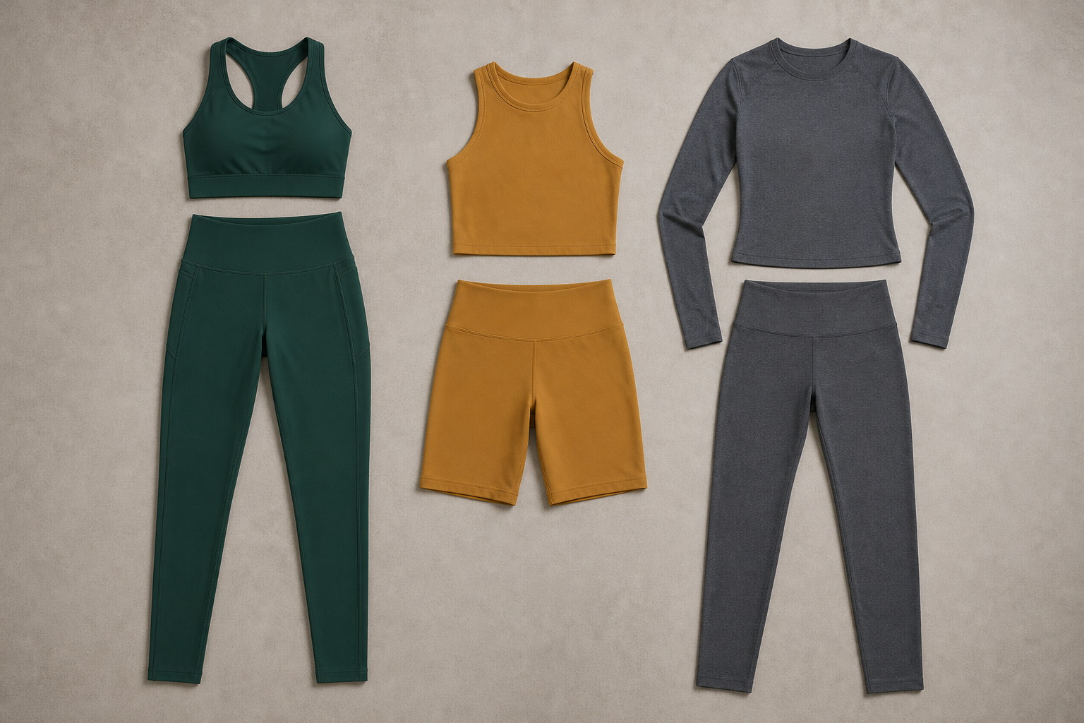 Coordinated yoga tops, bras, leggings and shorts arranged in sets