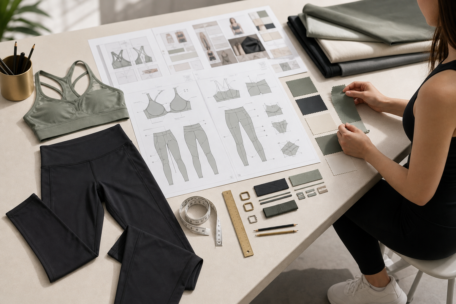 Yoga apparel samples, technical drawings and fabric swatches on a review desk