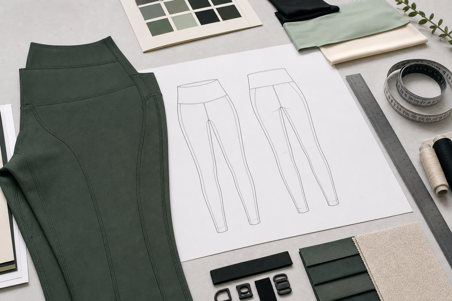 Leggings pattern pieces with fabric swatches and measurement tools