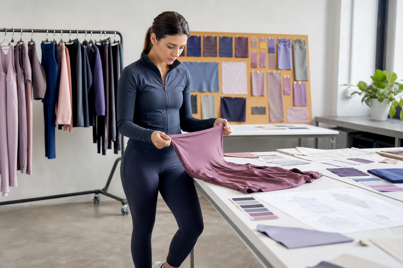 Technician reviewing a yoga garment sample