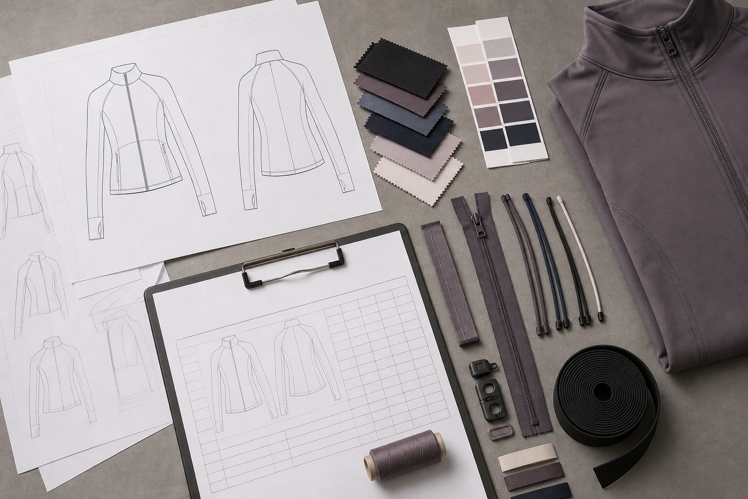 Jacket drawings, fabric swatches, zipper samples and colour cards on a worktable