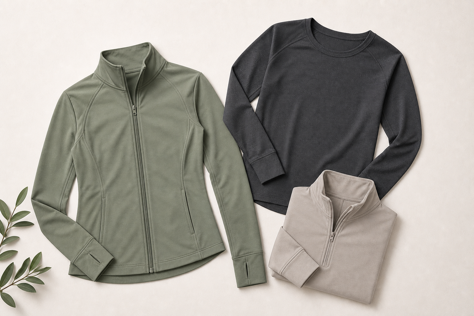 Yoga jackets and warm-up layers arranged on a neutral surface