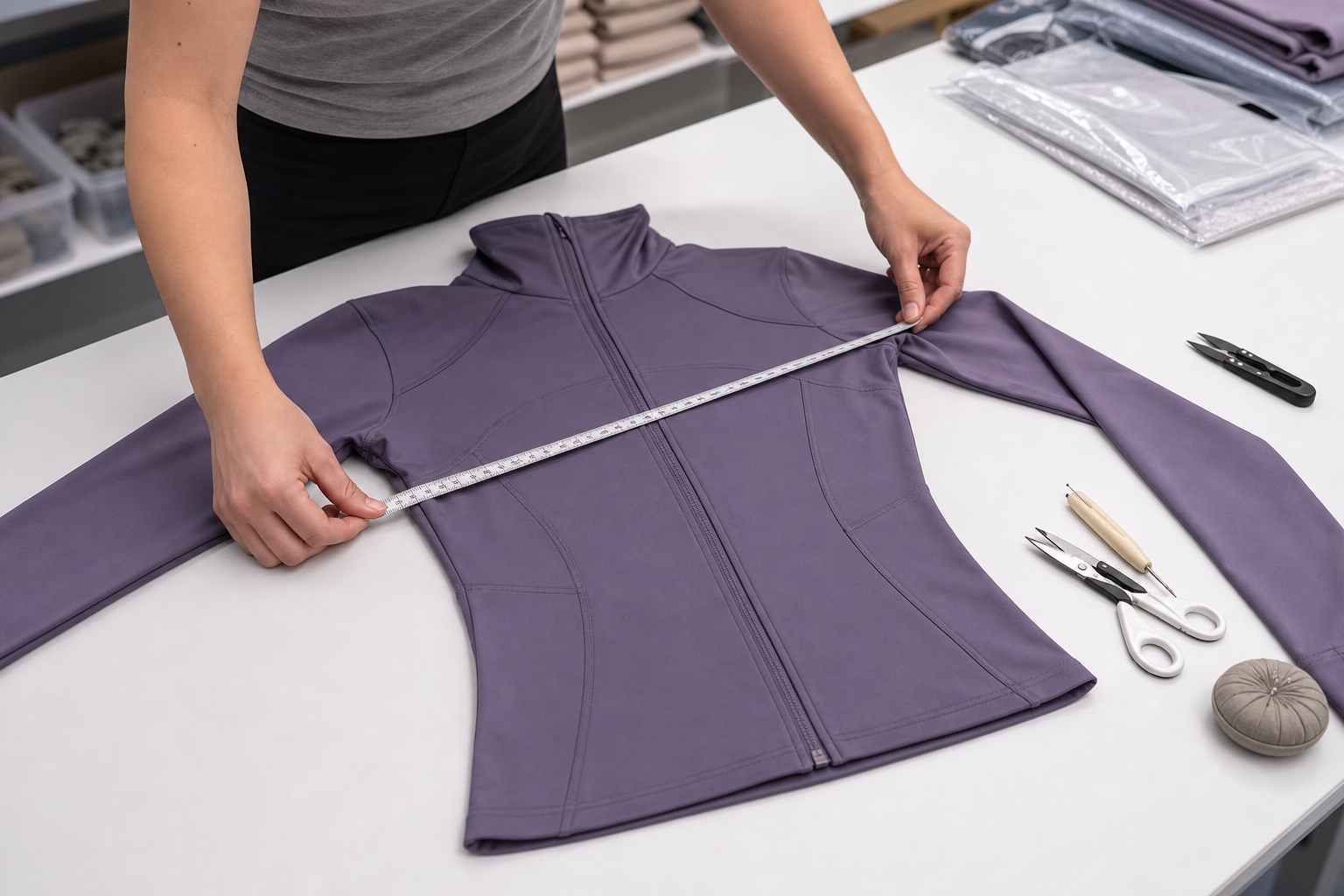 Zip-up yoga layer being measured on an apparel inspection table