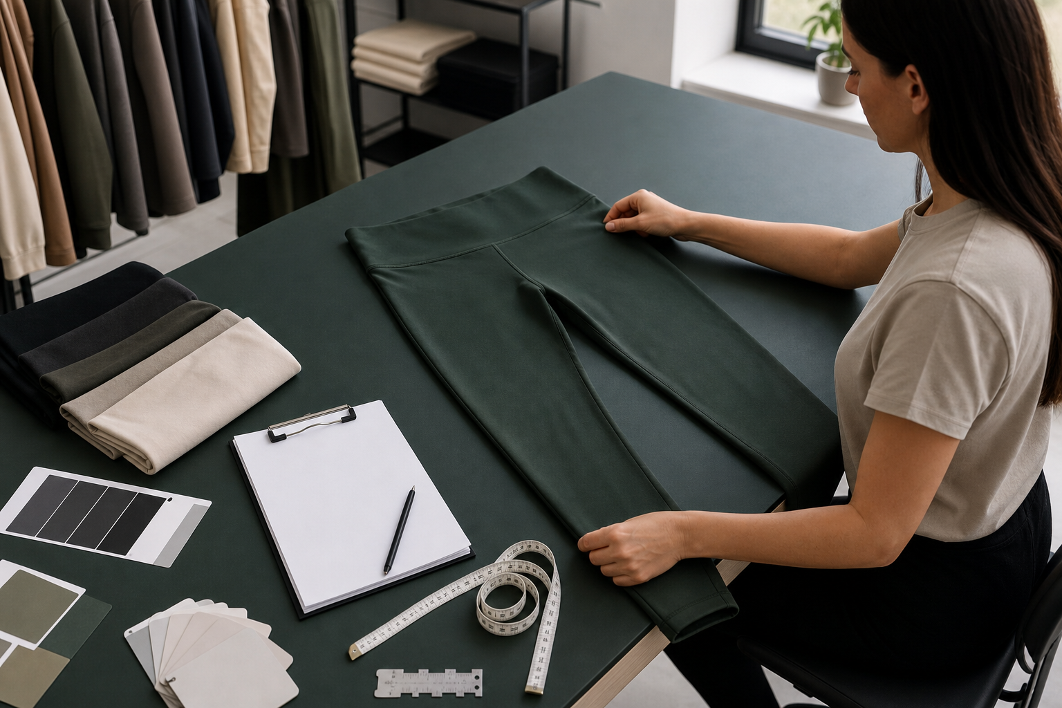 Yoga leggings aligned with measurement and inspection tools