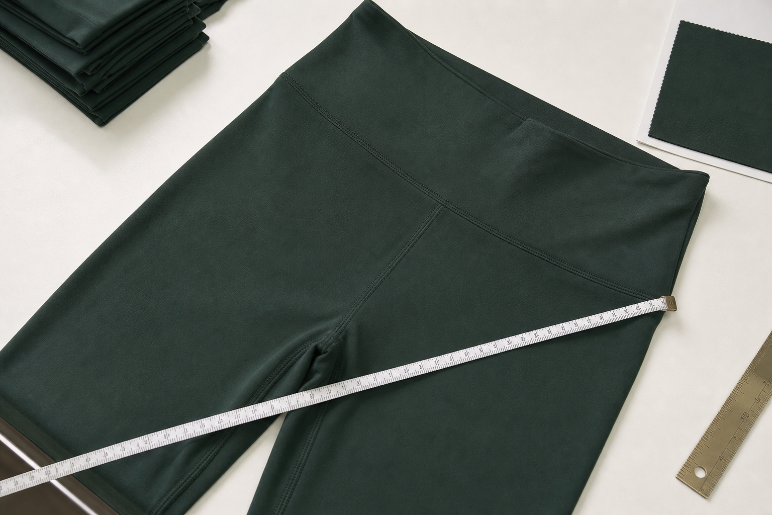 Yoga leggings laid flat for measurement and seam inspection
