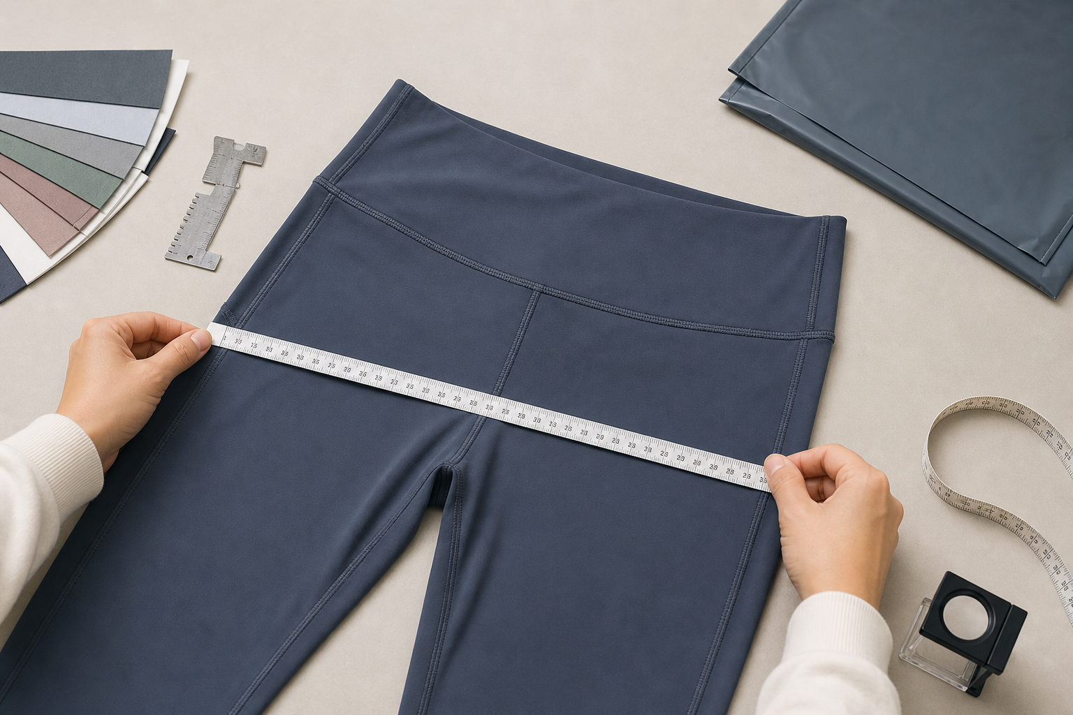Yoga leggings laid flat with measurement and seam inspection tools