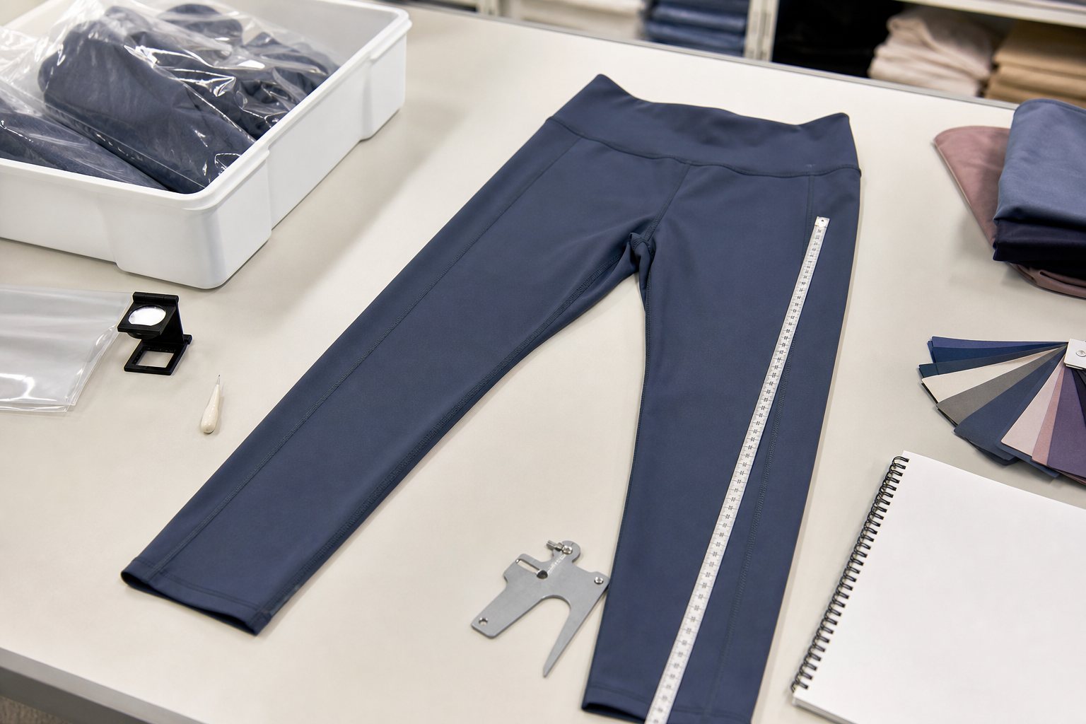 Yoga leggings with measuring tools and stitching under inspection