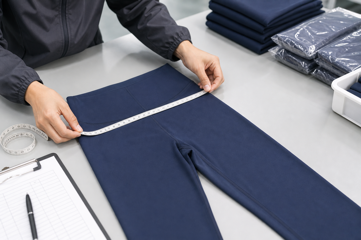 Inspector measuring yoga leggings and checking the stitching