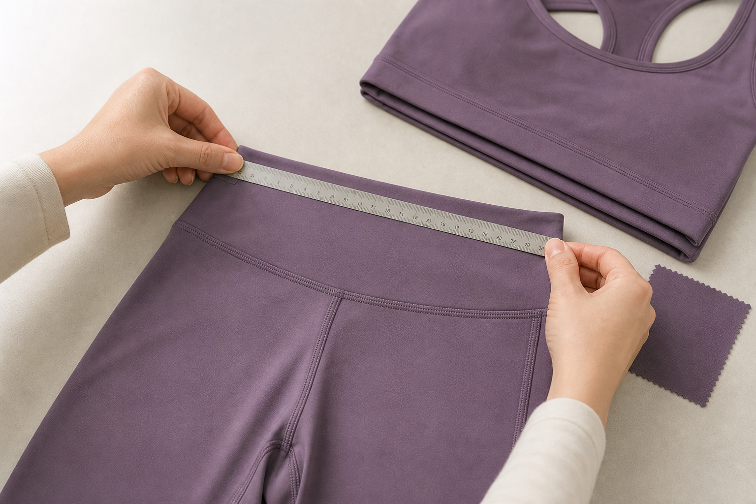 Hands measuring the waistband of yoga leggings during a sample inspection