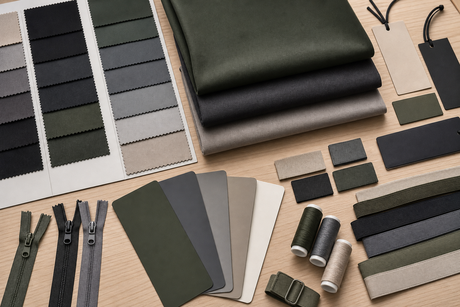 Activewear fabric swatches, colour cards and elastic trims arranged for comparison