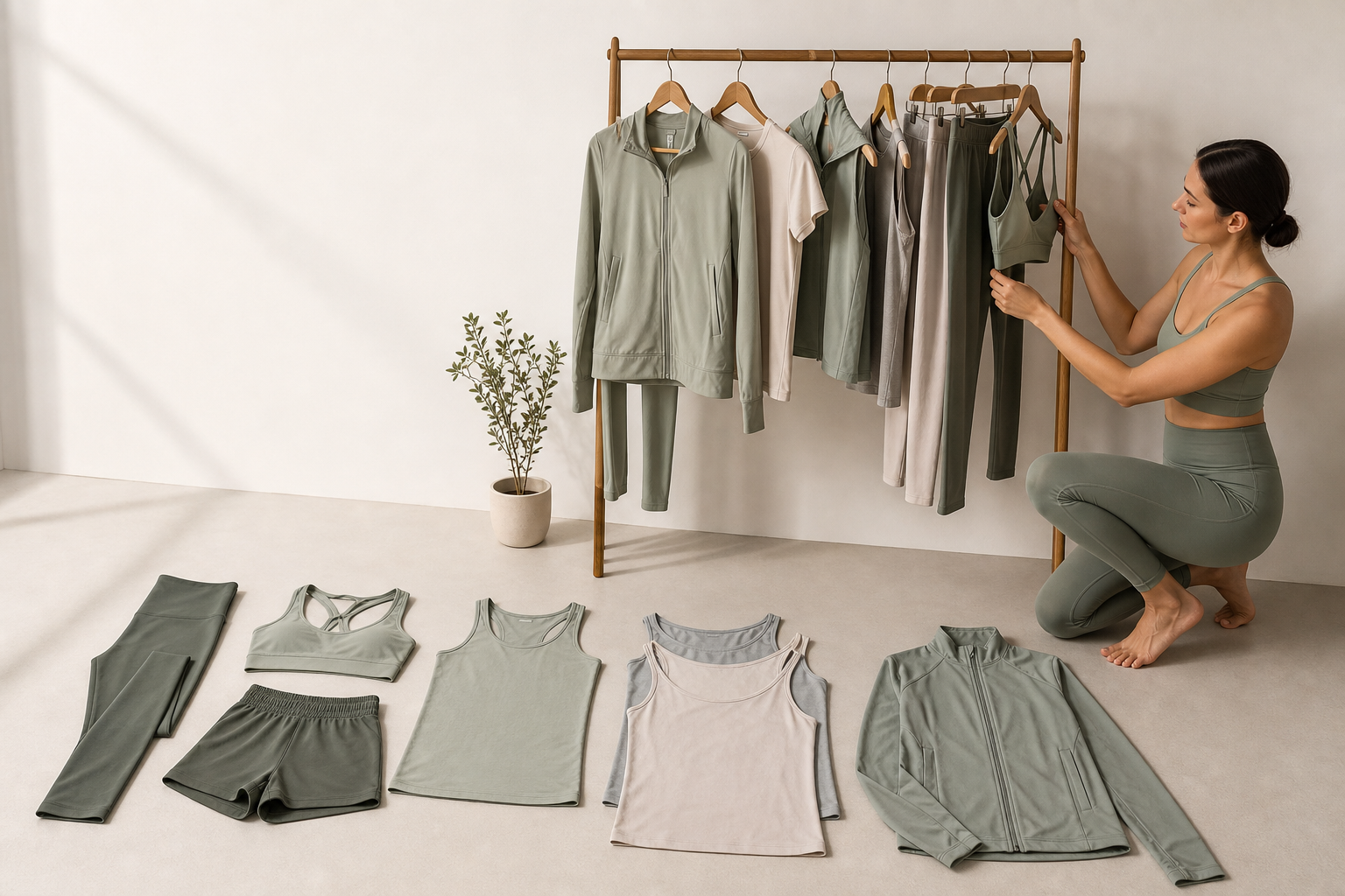 Coordinated yoga tops, leggings, shorts, bra and jacket
