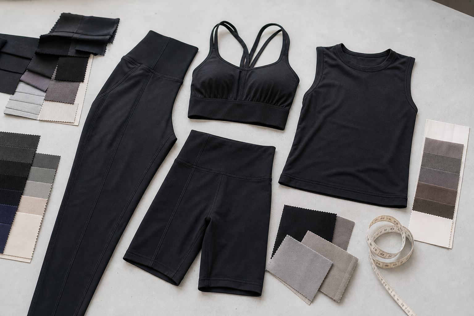 Unbranded leggings, sports bra, yoga top, and shorts arranged separately for product specification review.