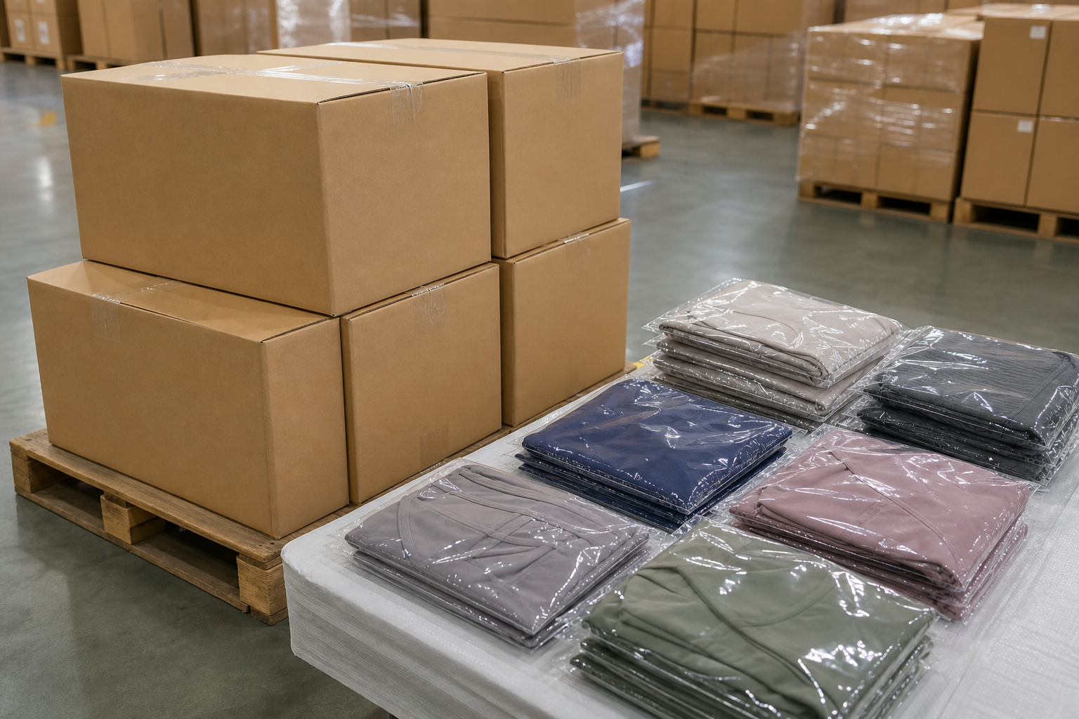Unbranded activewear packed beside plain export cartons for shipment planning