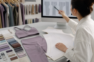 Technician comparing activewear pattern pieces with a leggings and sports bra sample