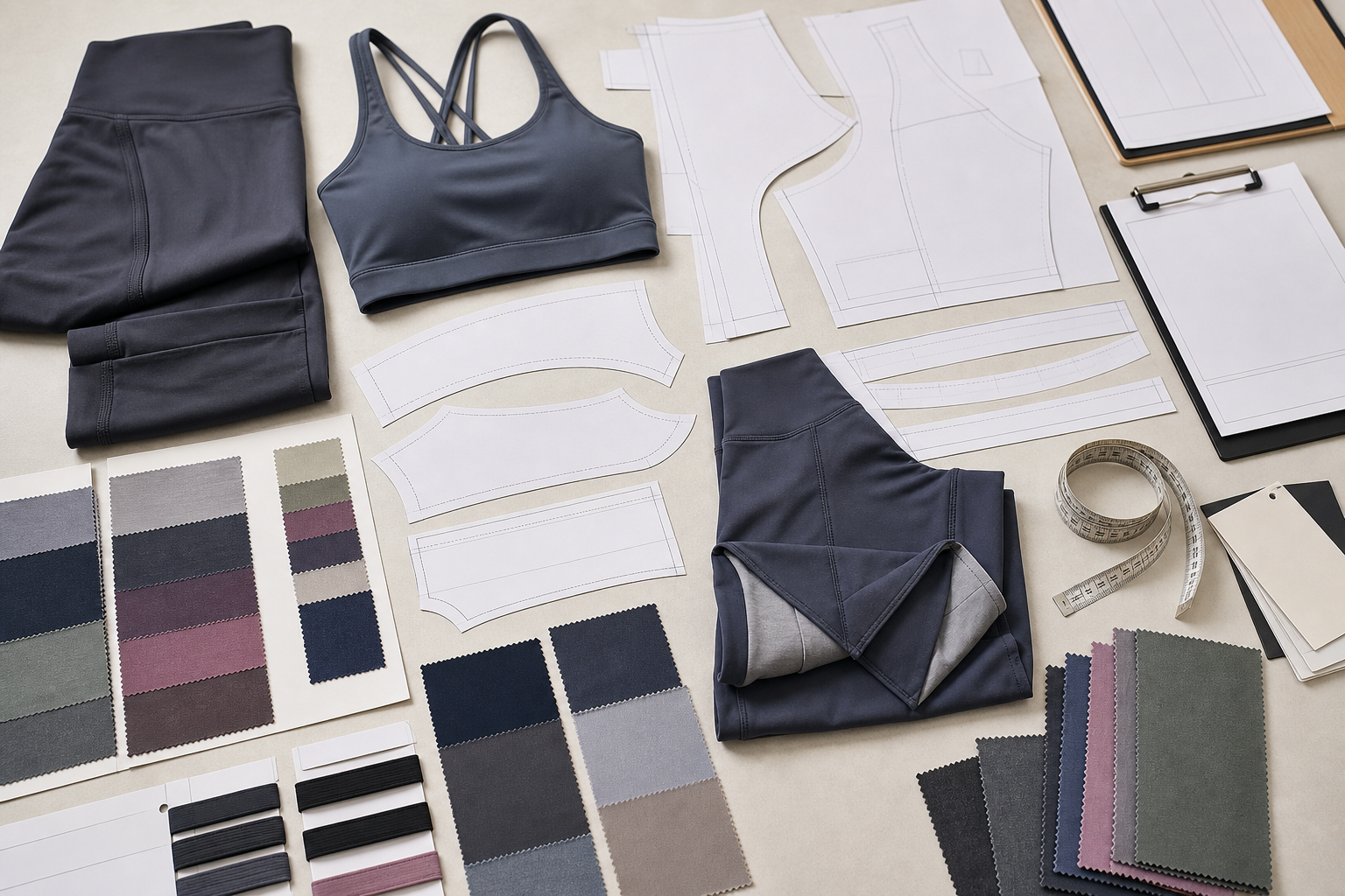 Activewear pattern pieces, sample garments, fabric swatches, and specification documents arranged for production handoff