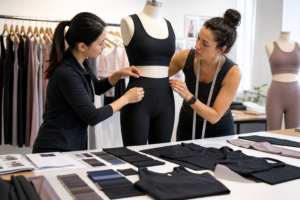 Product developers reviewing an unbranded yoga apparel sample and fabric swatches.