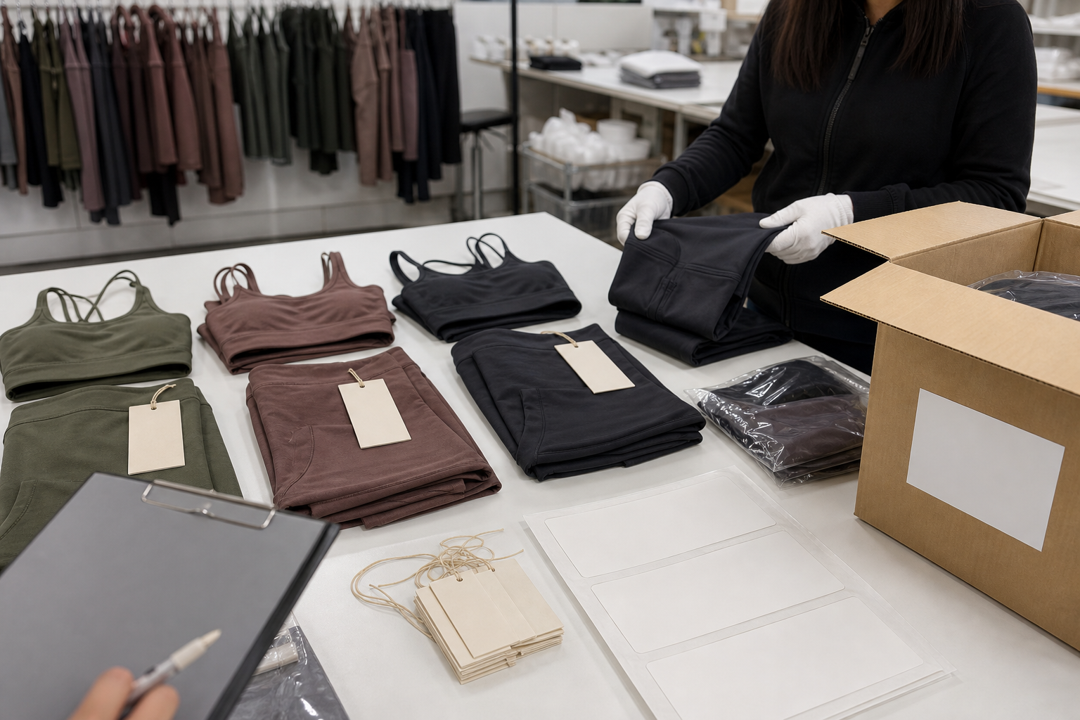 Folded unbranded activewear and plain export cartons prepared for a shipment consistency check.