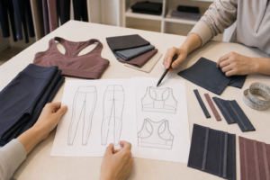 Designer reviewing blank activewear technical flats beside garment construction samples