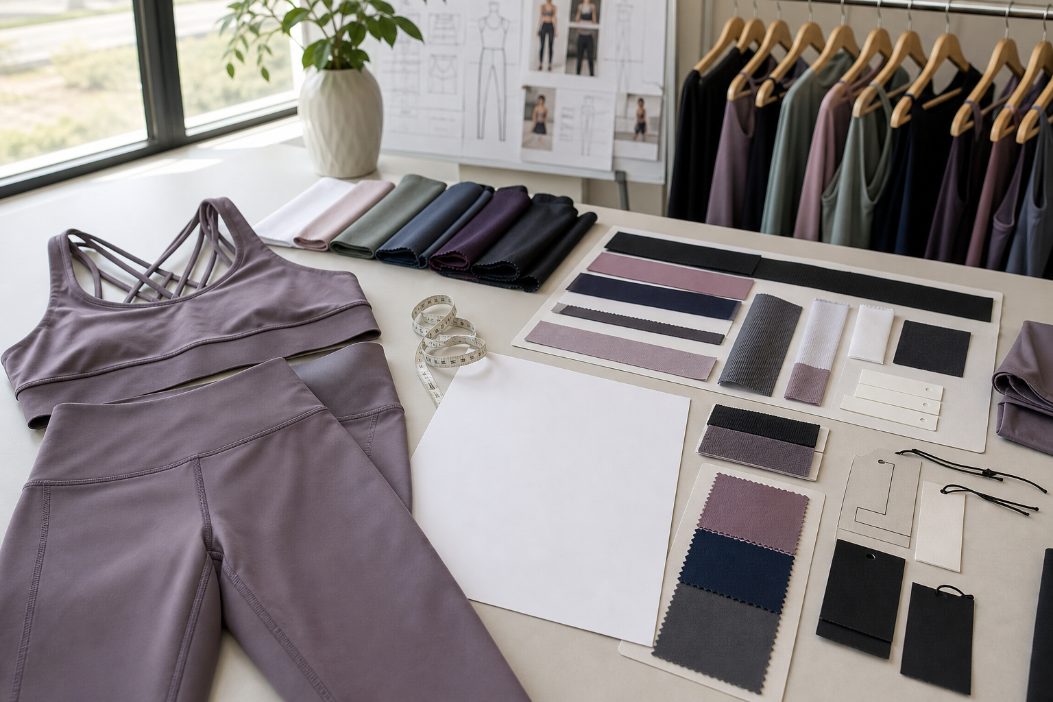 Fabric, trim, and unbranded activewear components prepared for a costing worksheet