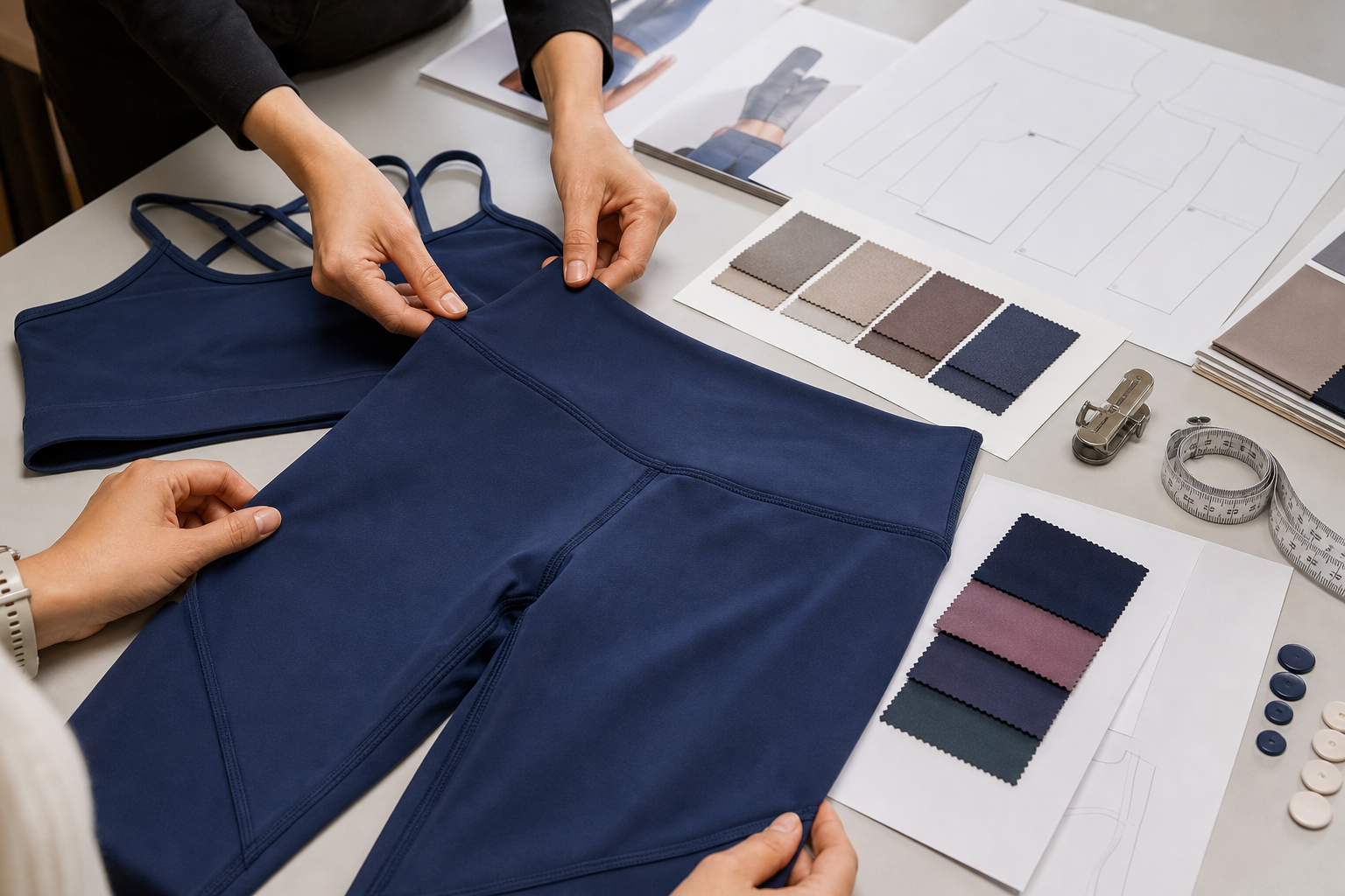 Professional hands inspecting unbranded yoga leggings and sports bra before production handoff