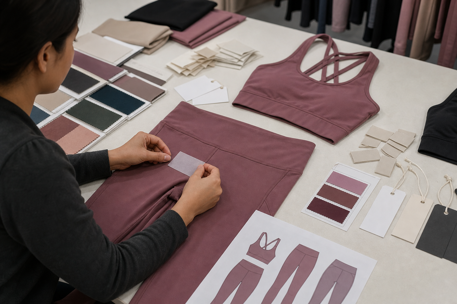 Technician reviewing blank activewear garments, labels, color swatches, and decoration placement
