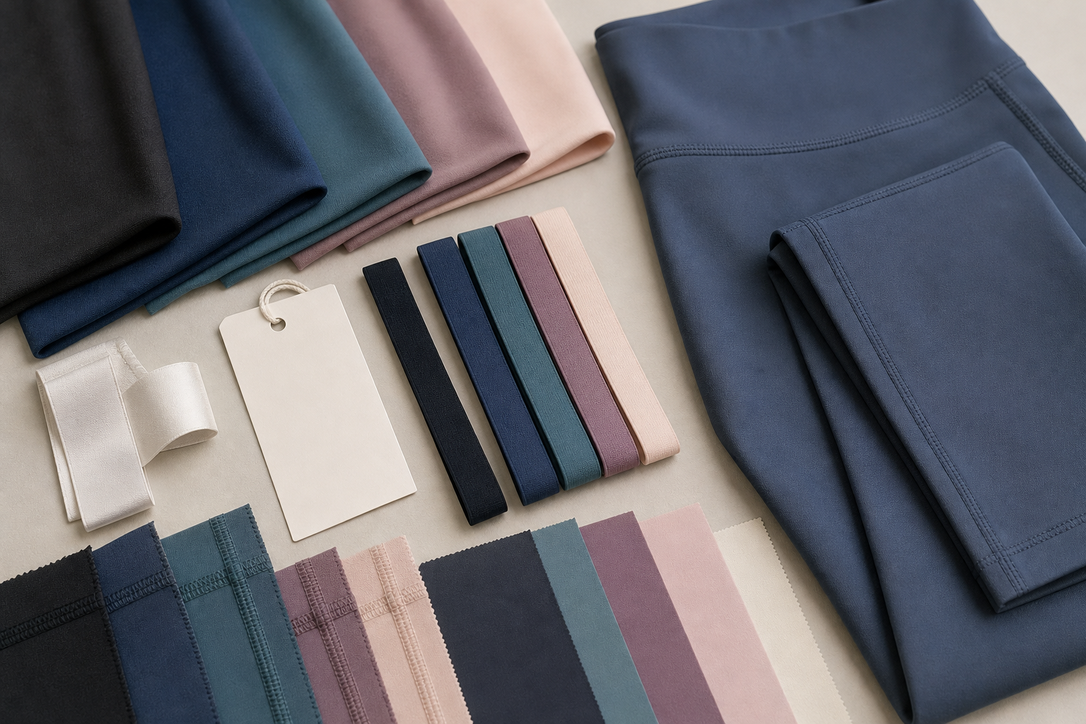 Stretch fabric swatches, elastic trims, and unbranded yoga leggings for product planning
