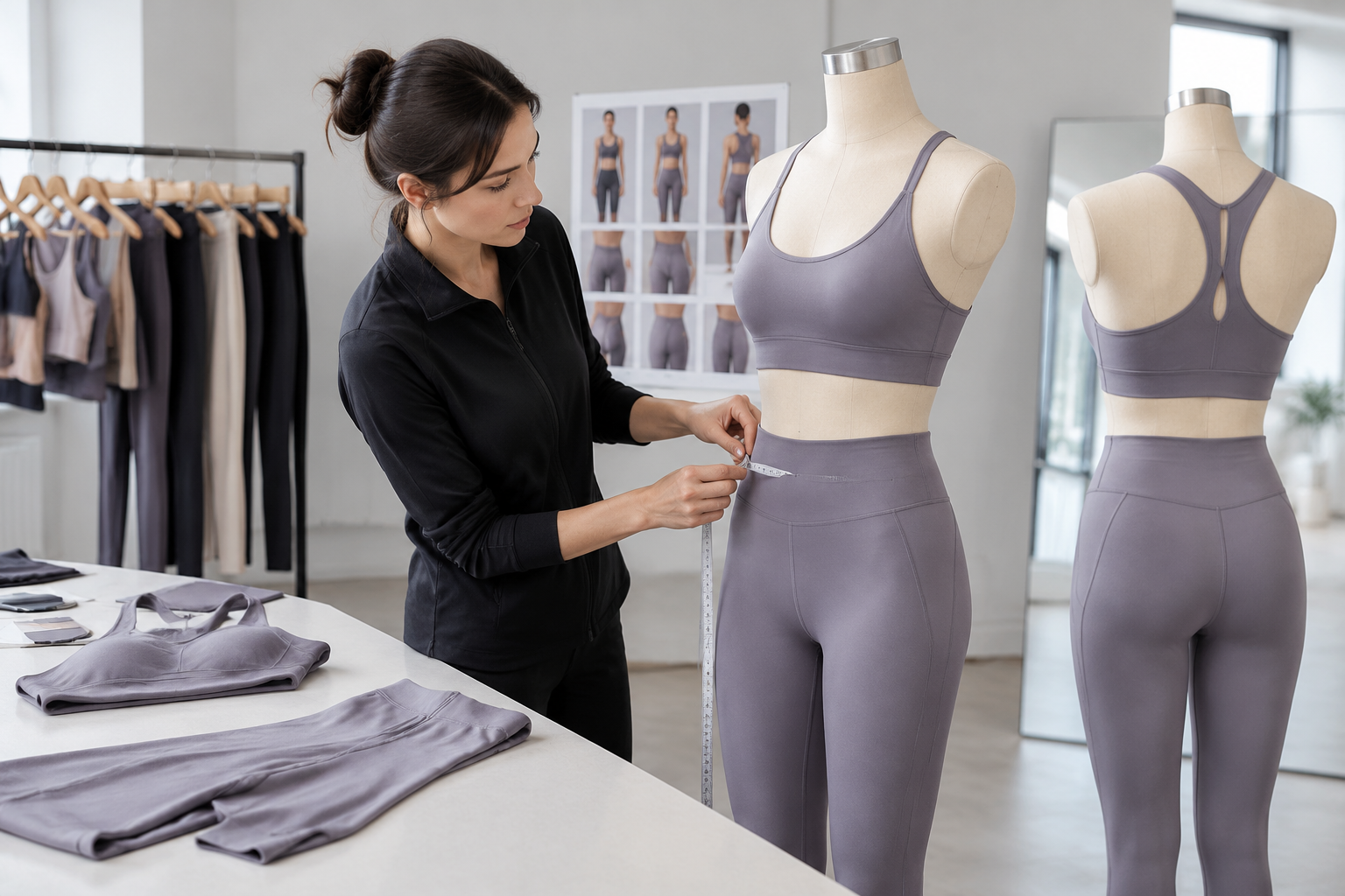 Product developer checking fit and measurements on activewear samples