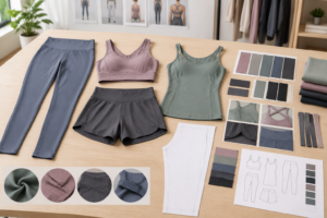 Unbranded activewear garments with fabric swatches and construction samples on a development table