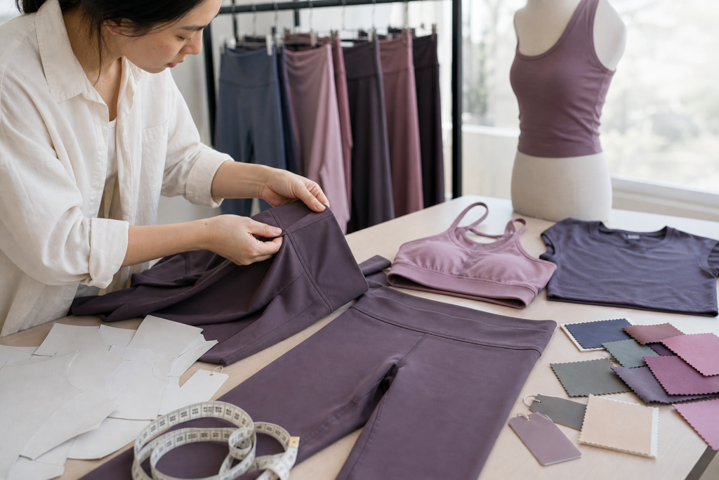 Unbranded leggings and sports bra samples with fabric swatches and pattern pieces