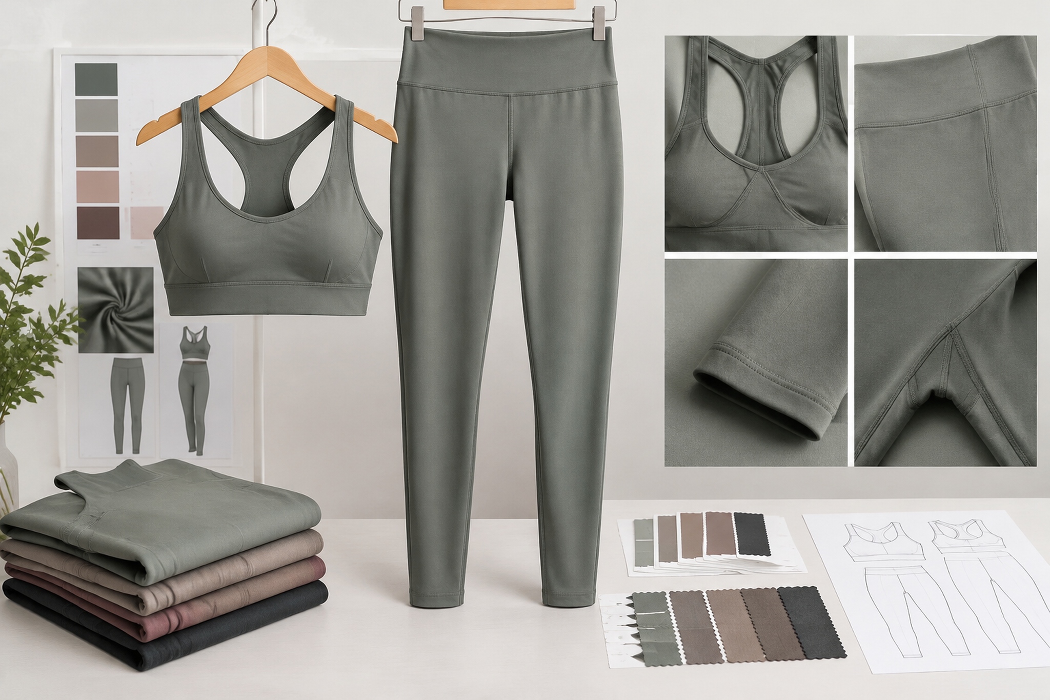 Coordinated yoga leggings and sports bra samples with compatible fabric color and texture
