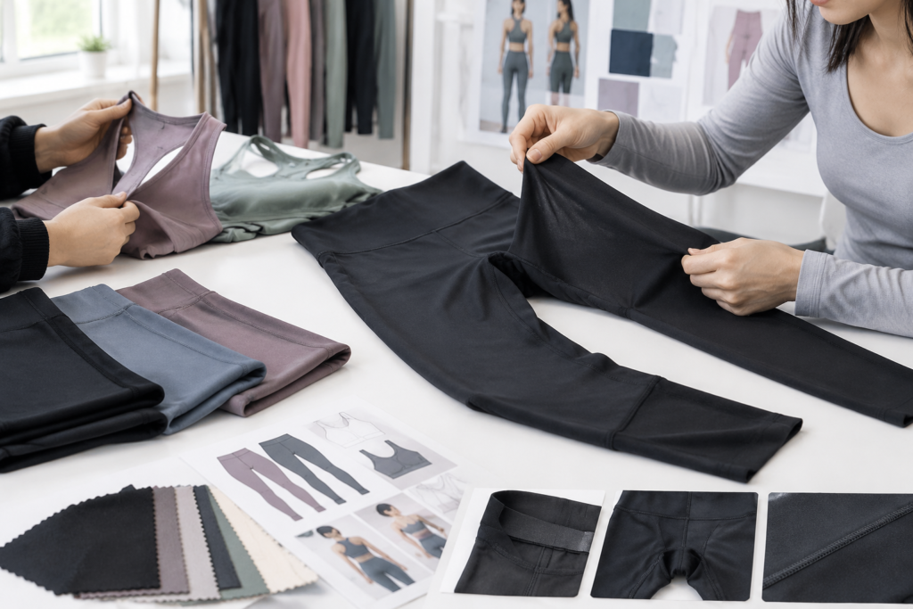 Close-up evaluation of yoga leggings fabric, stretch, opacity, and surface finish