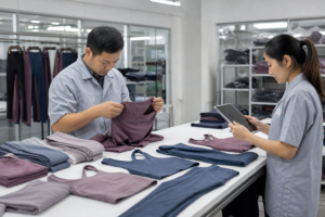 Quality professionals examining unbranded activewear garments during inspection
