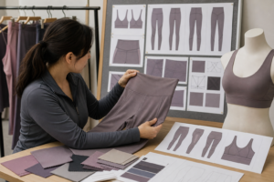 Product developer examining custom yoga apparel samples during OEM development
