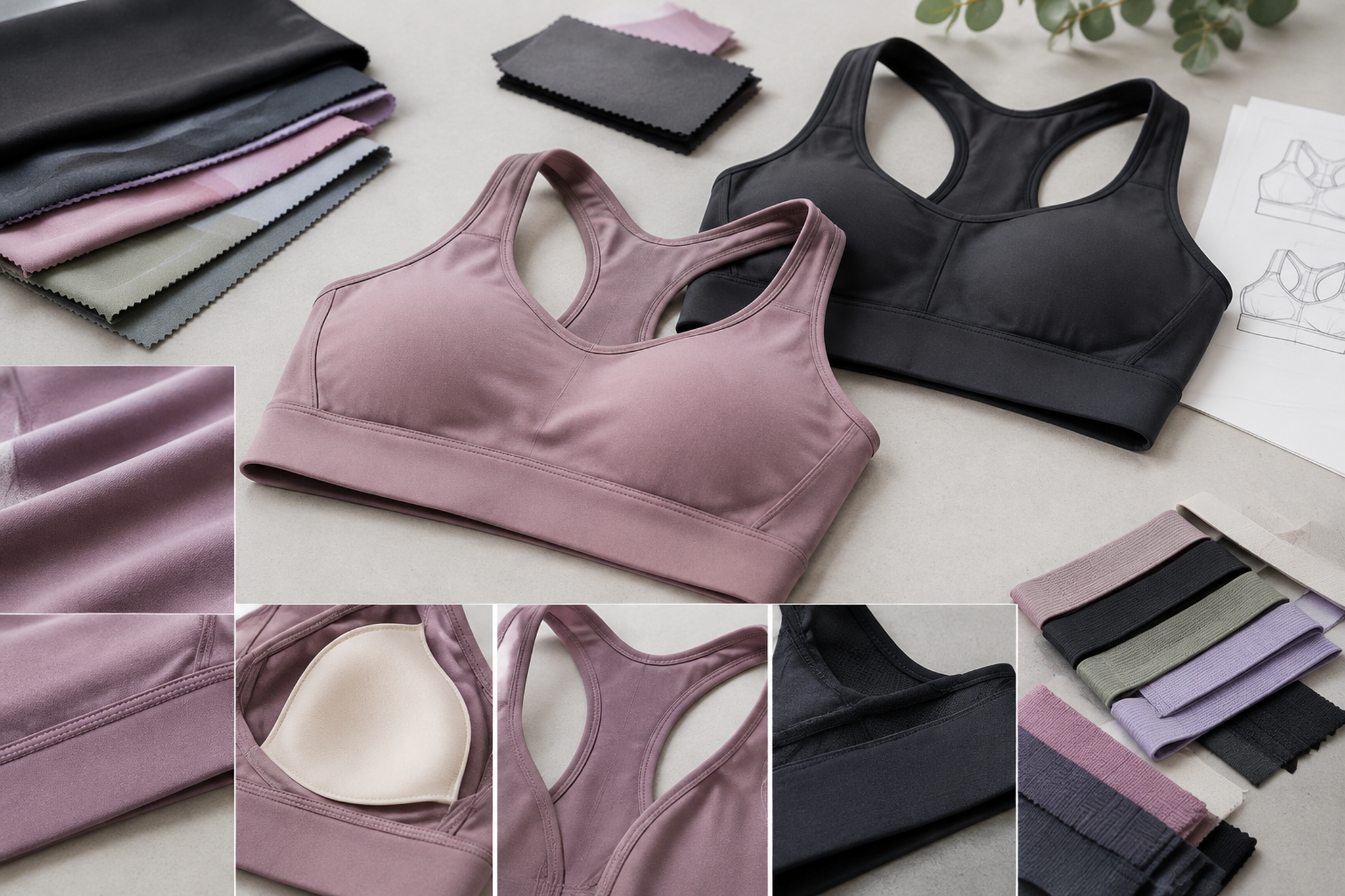 Custom sports bra samples showing fabric, lining, underband, and strap construction